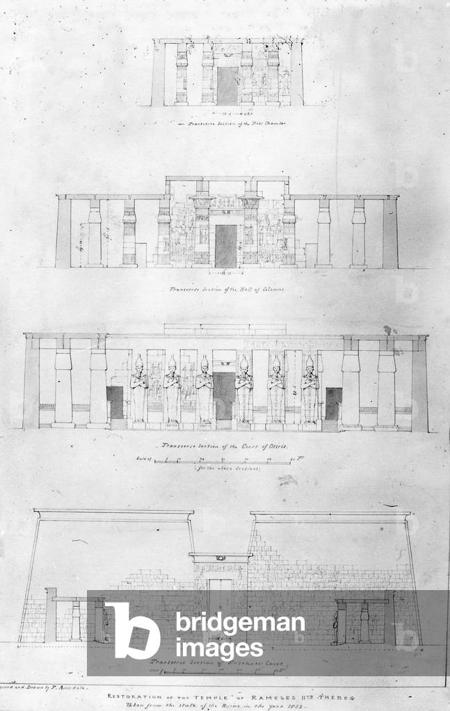 Restoration of the Temple of Ramases II at Thebes, drawn and measured by F. Avondale (pencil on paper)