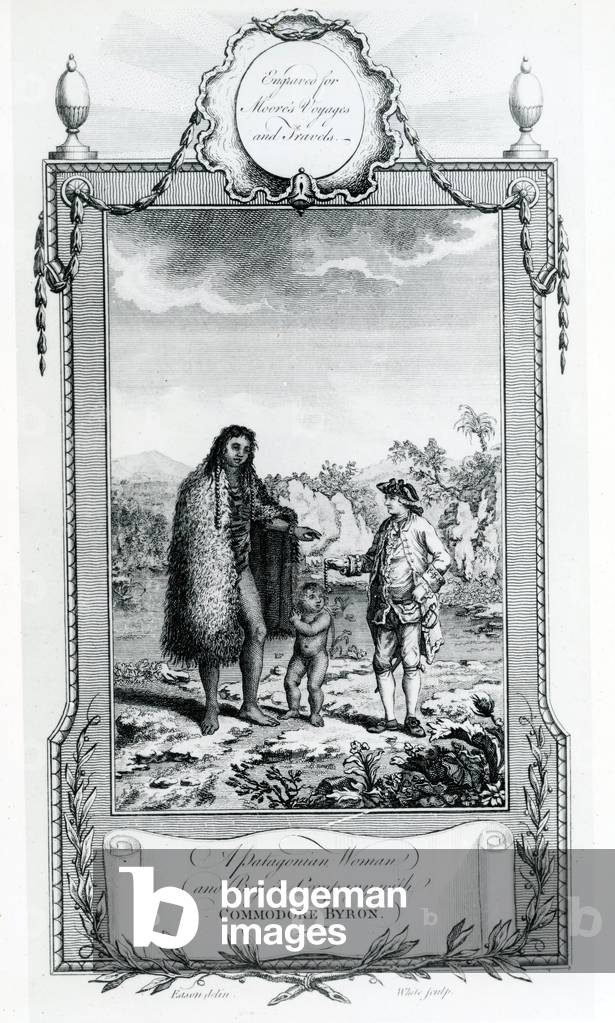 A Patagonian Woman and Boy in Company with Commodore Byron, illustration taken from Moore's Voyages and Travels, 1778 (engraving)