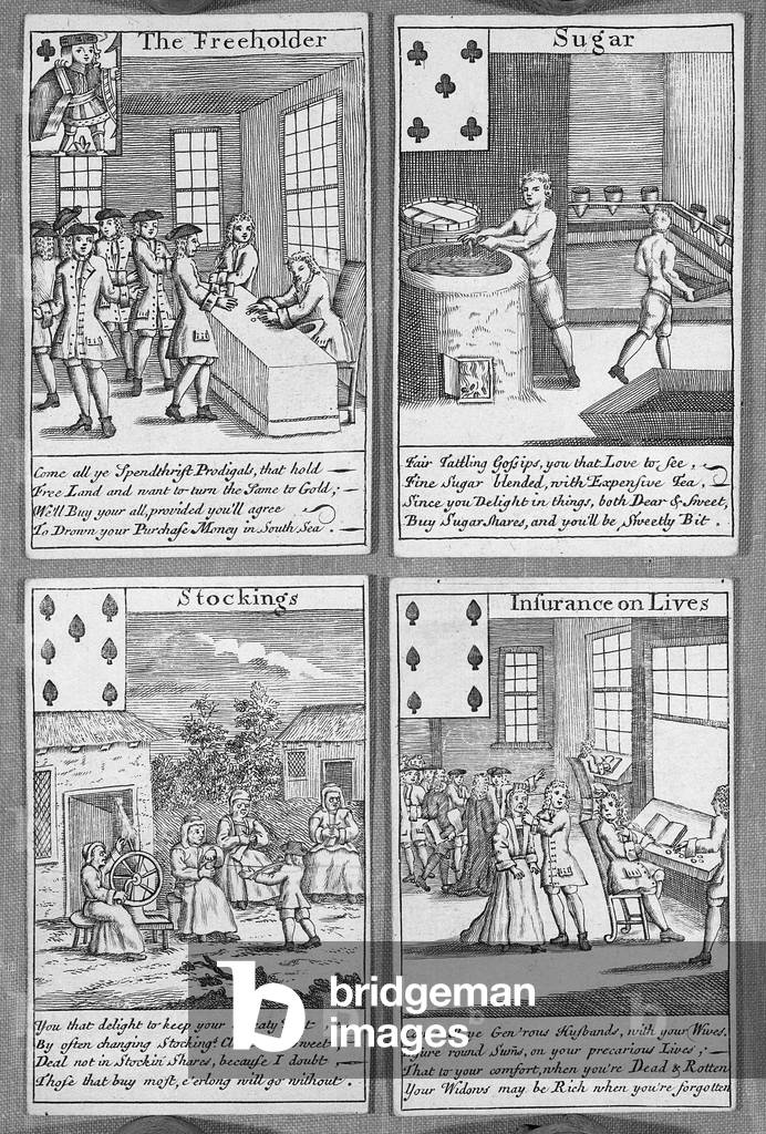 Playing Cards depicting current commercial ventures, c.1720 (print)