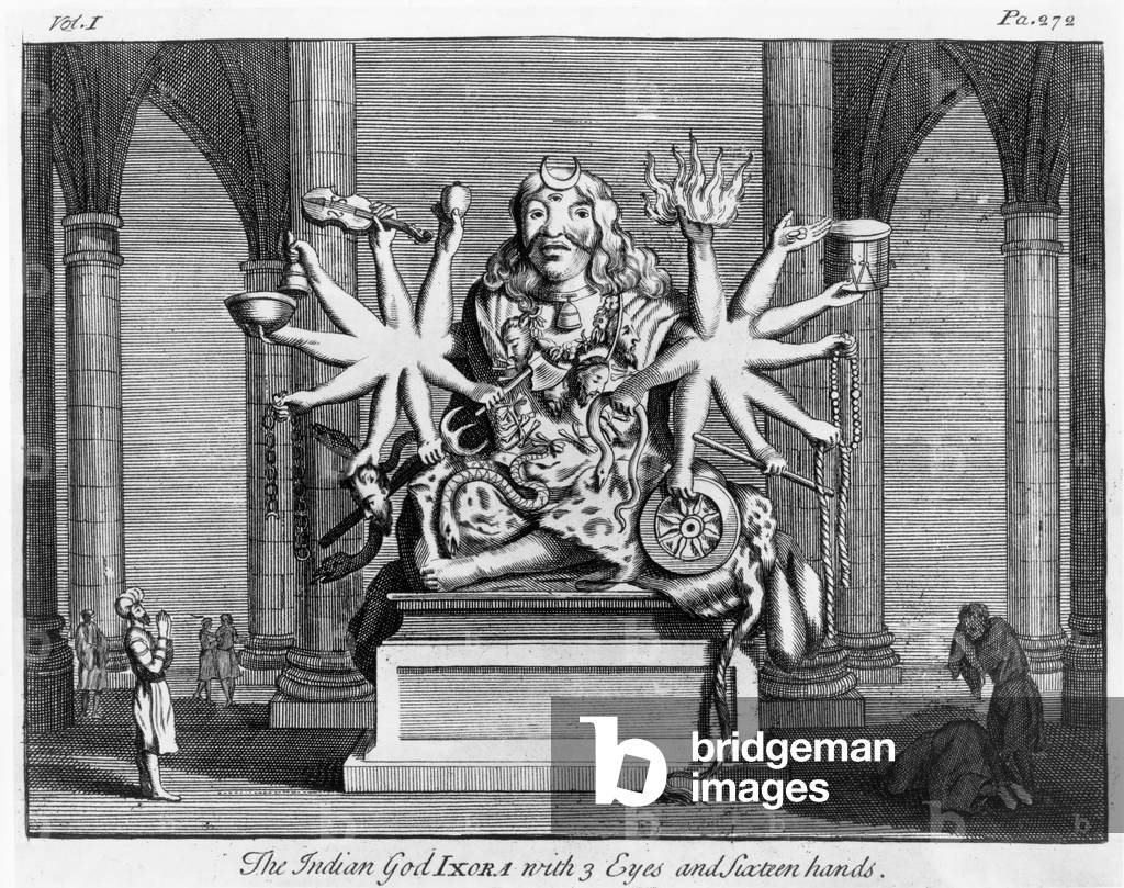 The Indian God Ixora with 3 eyes and Sixteen Hands, c.1780 (engraving)
