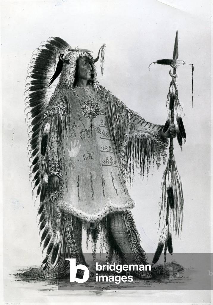 Mato-Tope, second chief of the Mandan people, c.1833 (b/w litho)
