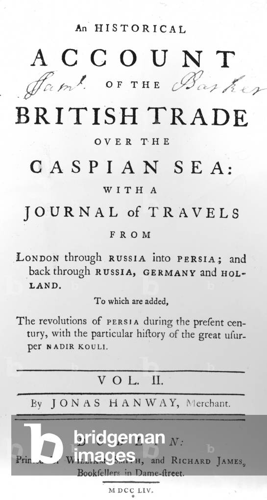Title page to 'An Historical Account of British Trade over the Caspian Sea, with a Journal of Travels' by Jonas Hanway, 1754 (engraving)
