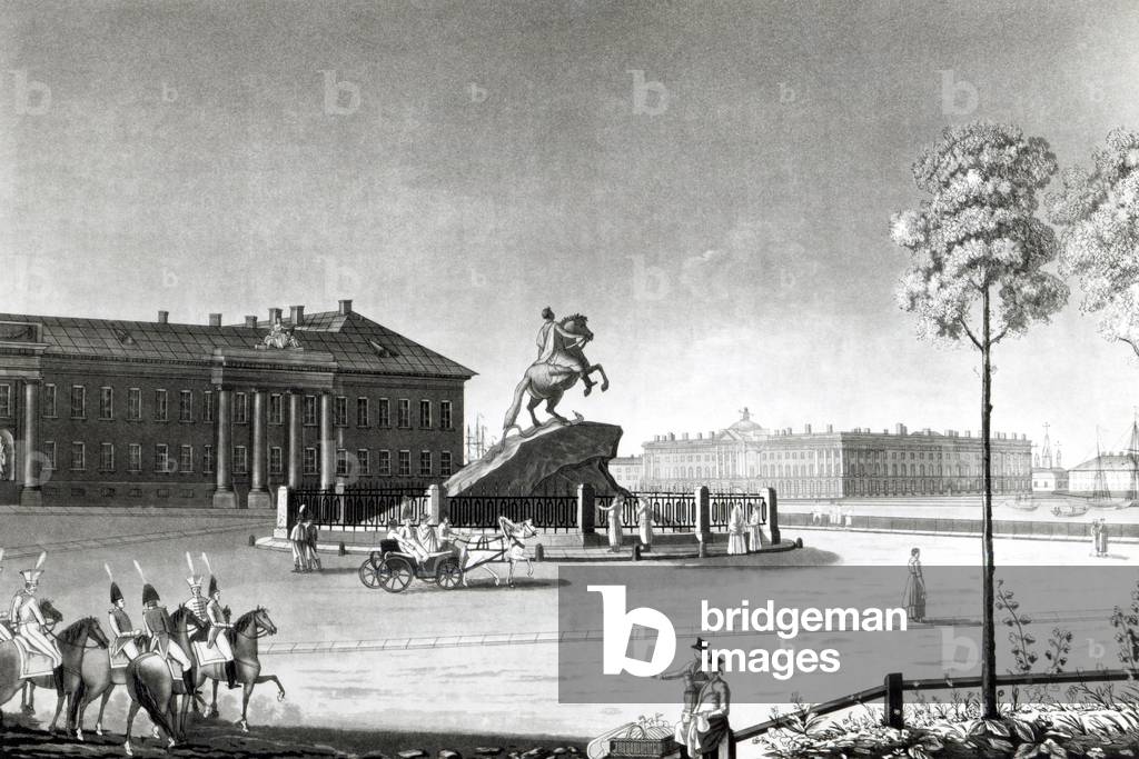 View of the statue of Peter the Great in Senate Square, St.Petersburg (engraving)