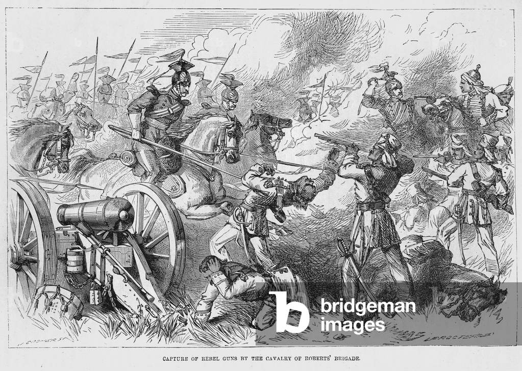 Capture of rebel guns by the cavalry of Roberts' brigade, 1857 (engraving)