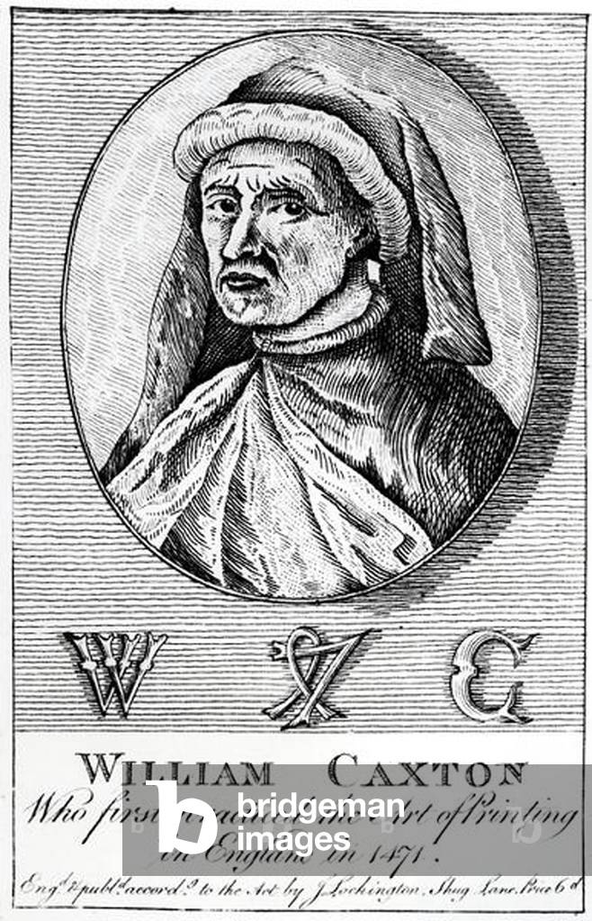 Portrait of William Caxton (c.1422-91) and his Printer's Mark (engraving)