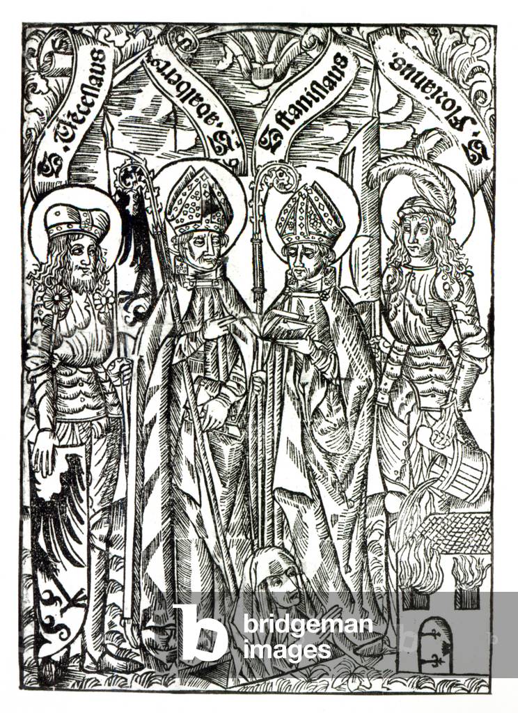 St. Wenceslaus, St. Adalbert, St. Stanislaus and St. Florian (woodcut) (b/w photo)