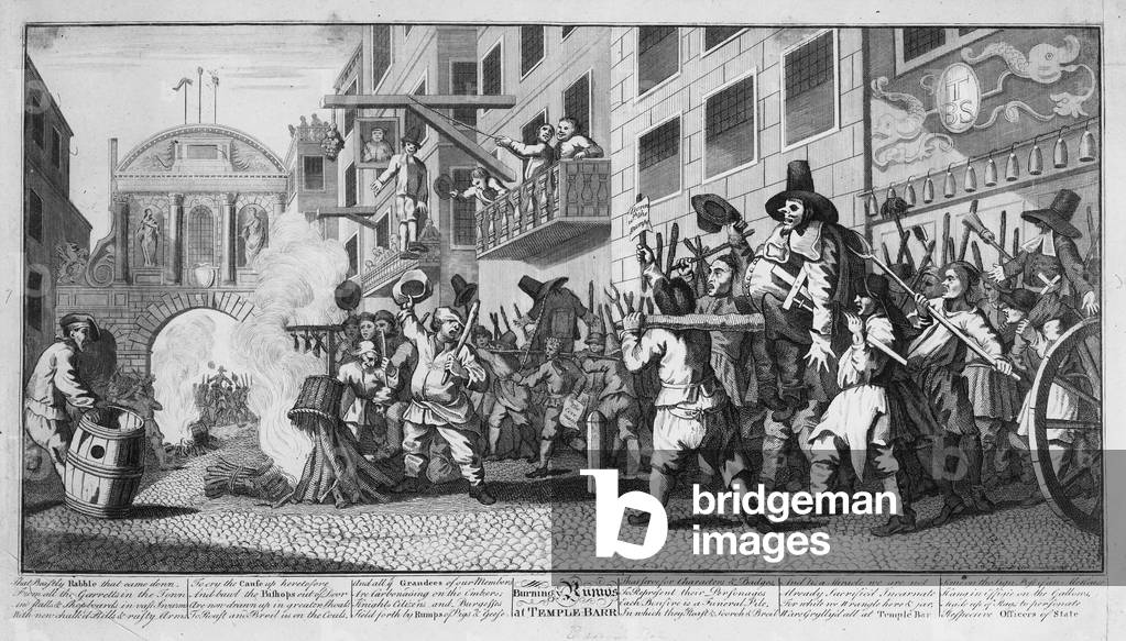 "Burning ye Rumps bei Temple-Barr" 1726 von William Hogarth, b/w