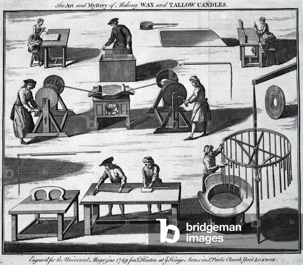 "L'arte e il mistero di fare candele di cera e sego", 1749 di English School, b/w
