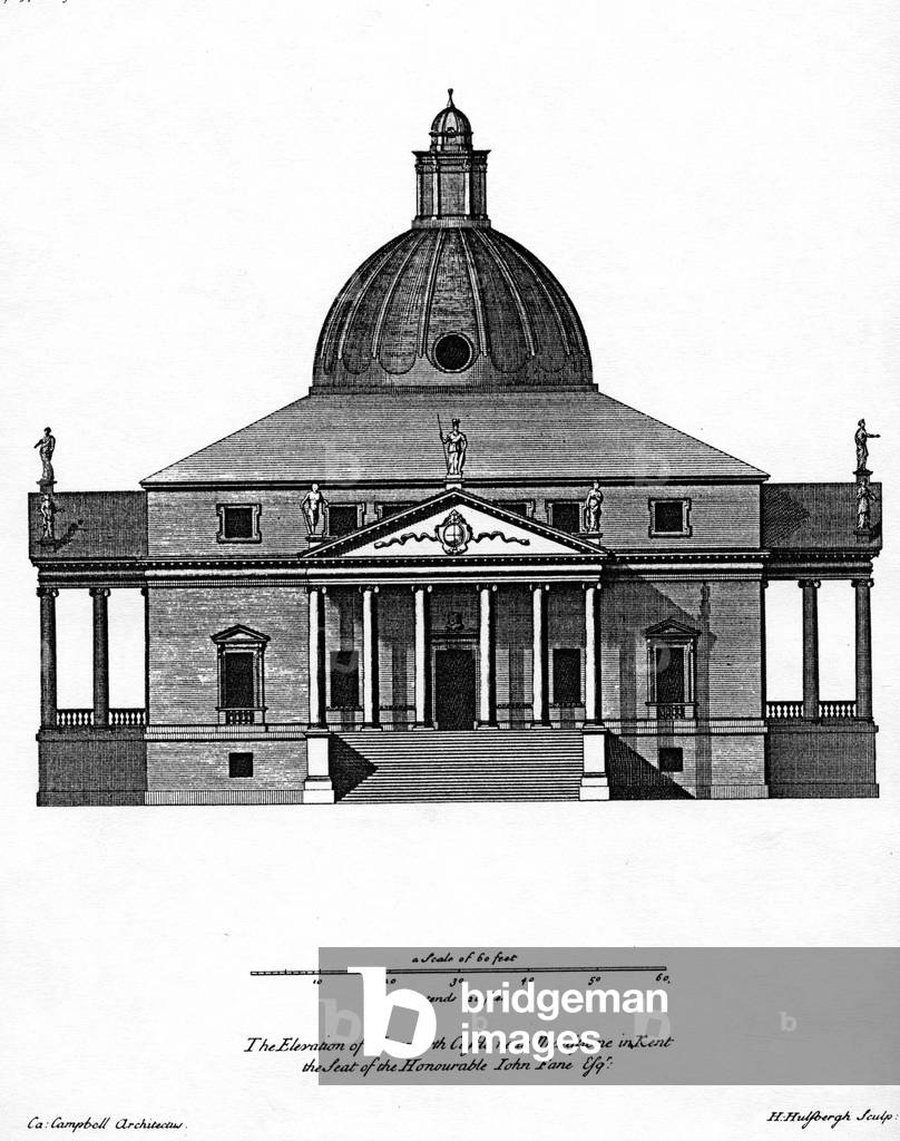 Elevation of Mereworth Castle, engraved by H. Hulsbergh, c.1722-24 (engraving)