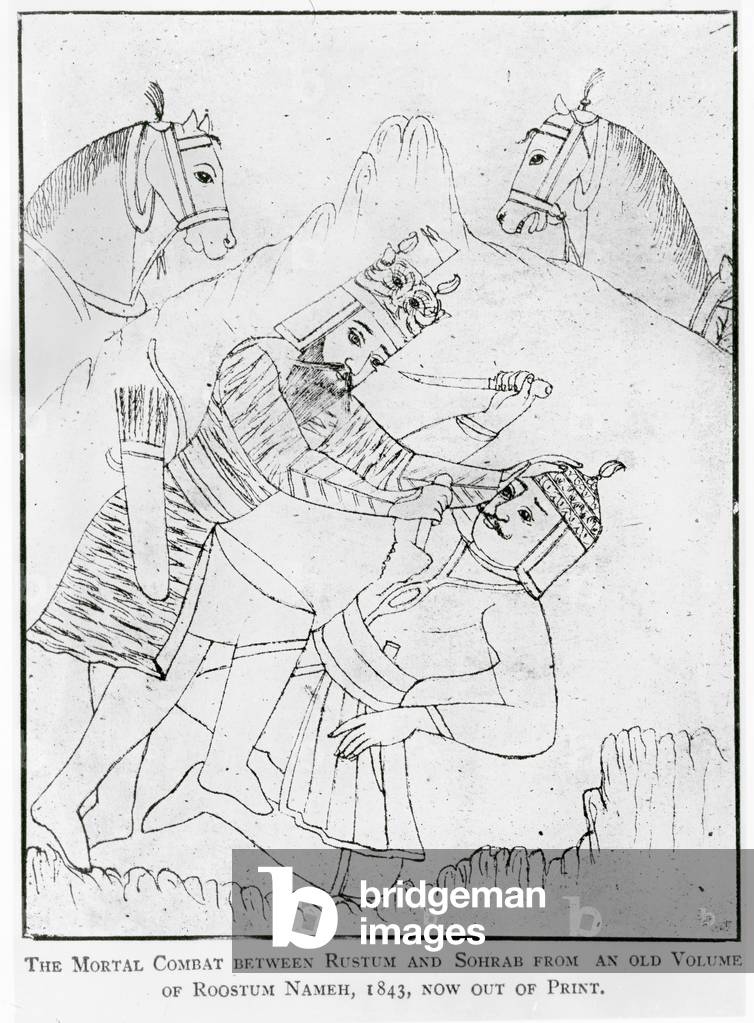 Rustam unwittingly kills his son Suhrab in battle, 1843 (engraving)