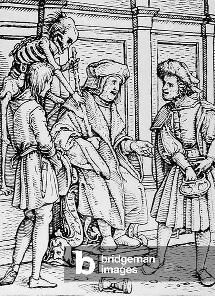 Death and the Judge, from 'The Dance of Death', engraved by Hans Lutzelburger, c.1538 (woodcut) (b/w photo)