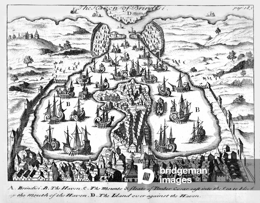 The Haven of Brindisi, illustration to 'Julius Caesar's commentaries of his wars in Gaul, and civil war with Pompey' translated into English by Martin Bladen, published 1706 (engraving)
