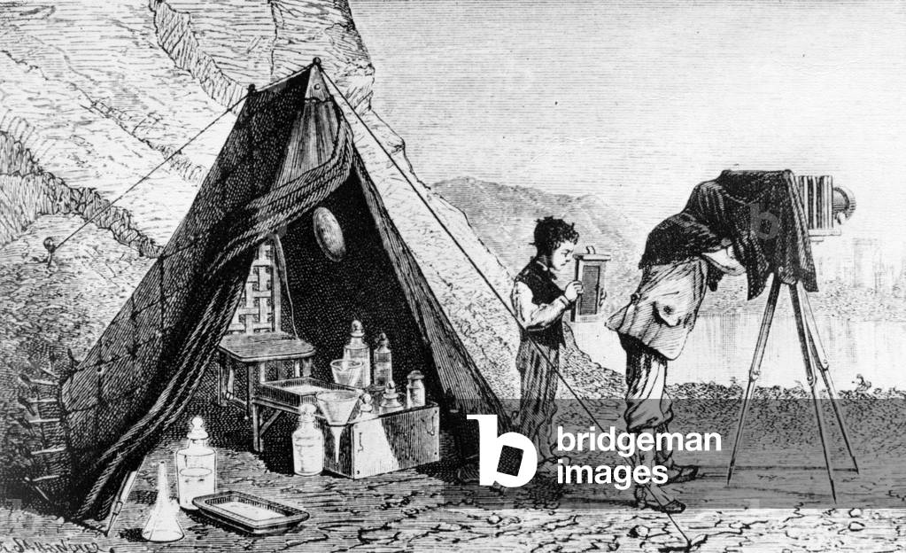 Photography outside of the studio before the introduction of photographic 'dry plates', circa 1870 (engraving)