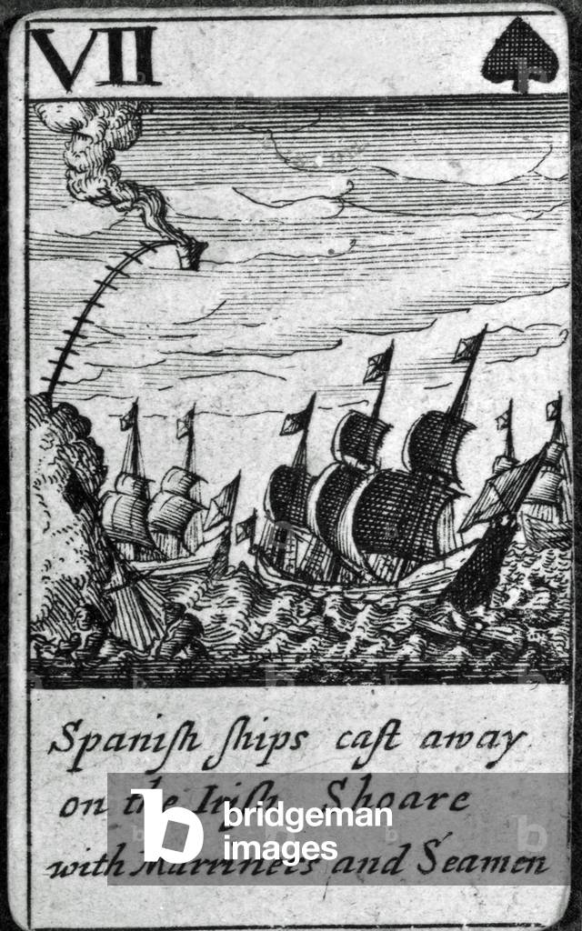 Spanish Ships Cast Away. VII of Spades from a pack of playing cards (engraving)