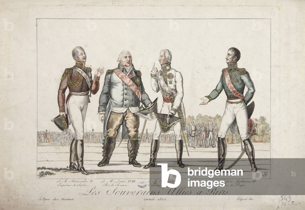 The Allied Sovereigns in Paris, 1815, Alexander I, Emperor of Russia, Louis XVIII, King of France, Francis I, Emperor of Austria and Frederick William III, King of Prussia, published by Martinet, 1815 (coloured engraving)