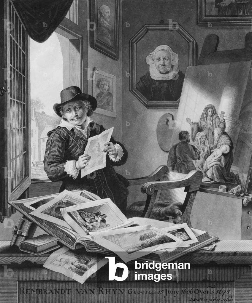 Rembrandt in his studio (engraving)