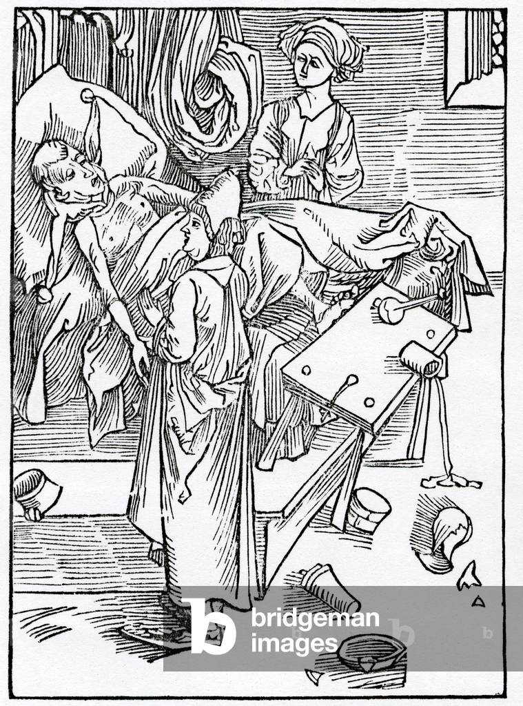 Of them that be diseasyd and seke and ar impacient and inobedyent to the Phesycyan,  illustration from Alexander Barclay's English translation of 'The Ship of Fools', from an edition published in 1874 (engraving)