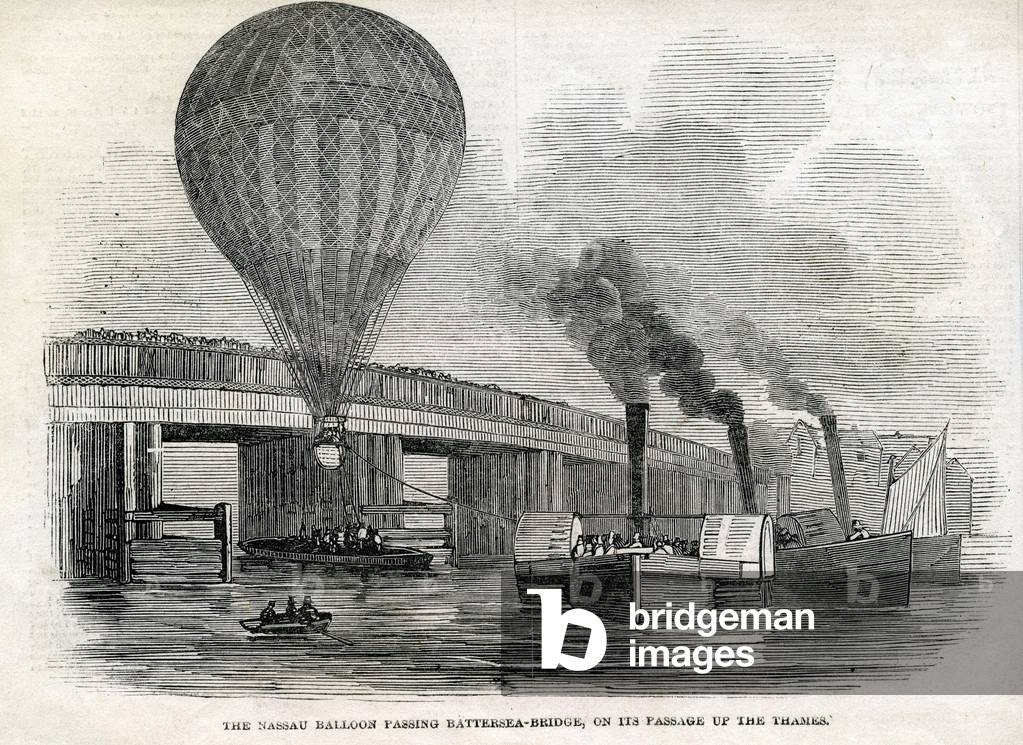 The Nassau balloon passing Battersea Bridge (engraving)