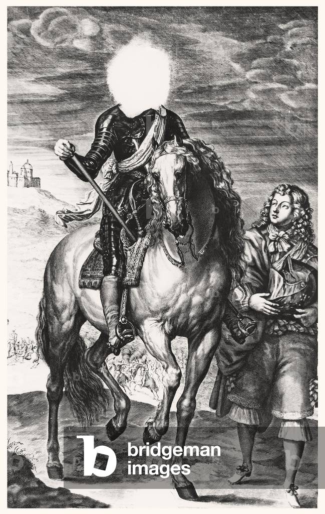 Headless equestrian portrait originally of Louis of France, engraved by Pierre Lombard (1612-80) (engraving) (See 105377-8)
