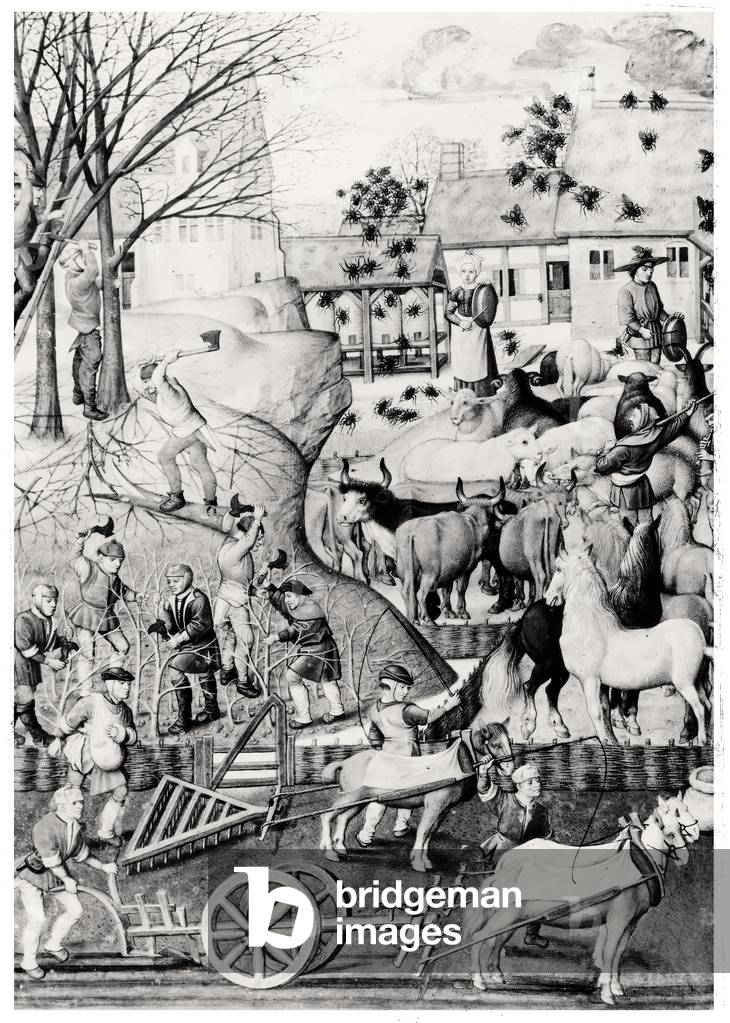 Ploughing (oil on panel) (b/w photo)