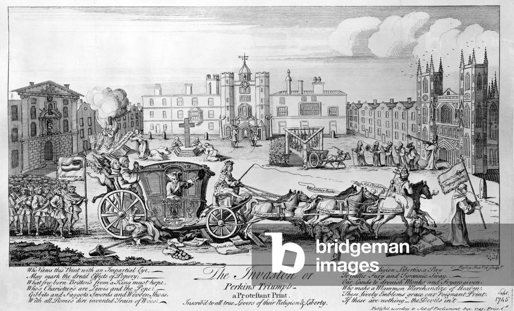 The Invasion or Perkins Triumph - a Protestant Print, inscrib'd to all true lovers of their Religion and Liberty, 1745 (etching)