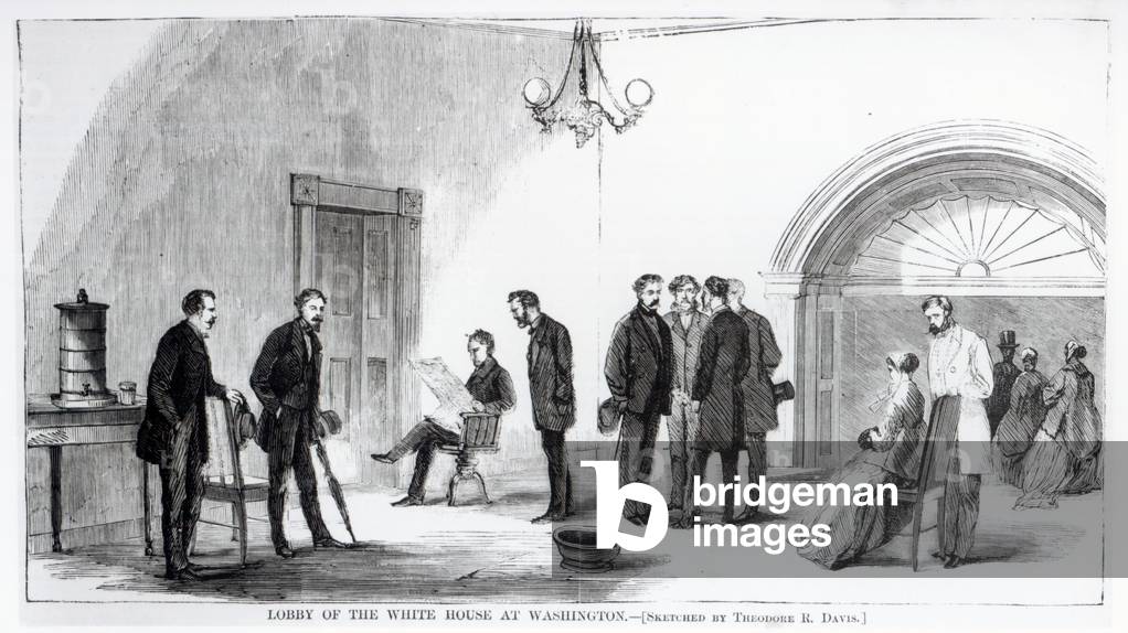 "Lobby des Weißen Hauses in Washington (Kupferstich)", 19. Jahrhundert von Theodore Russell Davis, b/w