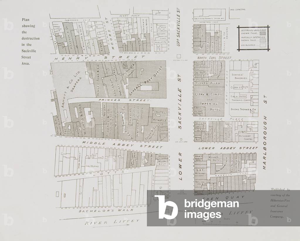 Plan showing the destroyed districts in the Sackville Street area, from 'An Illustrated Record of the Sinn Fein Revolt in Dublin, April 1916' (litho)