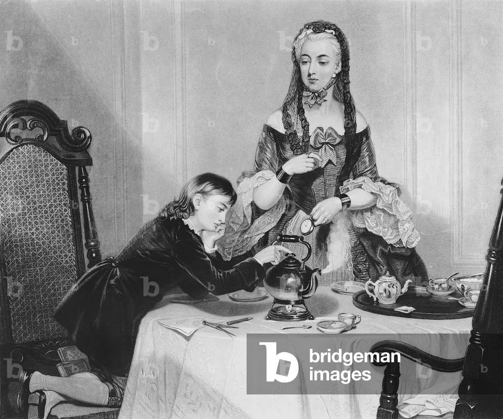 First Steam Experiment of James Watt (1736-1819) (engraving)