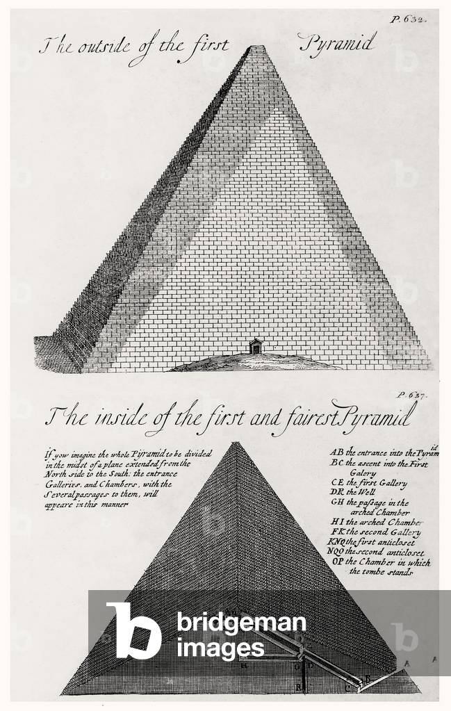 Diagram of the 'First and fairest pyramid' at Giza, from 'Pyramidographia' by John Greaves (1602-1652) published in London, 1744 (engraving)