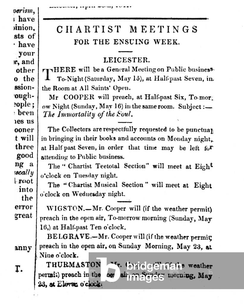 Notices for Chartist Meetings in the 'Midland Counties Illuminator', 15 May 1841 (litho)