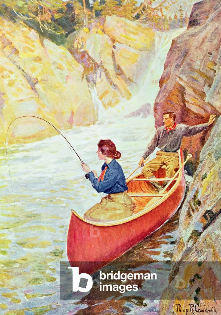 "Paar Angeln in der Nähe eines Wasserfalls (Farbe litho)", 20. Jahrhundert von Philip Russell Goodwin