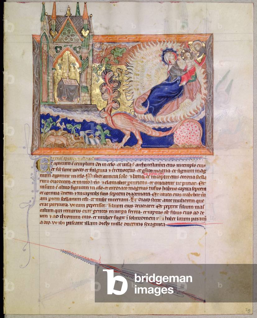 Ms L.A. 139-Lisboa fol.29 God rescuing the male child from being devoured by the red dragon, from the Gulbenkian Apocalypse, c.1265-70 (vellum)