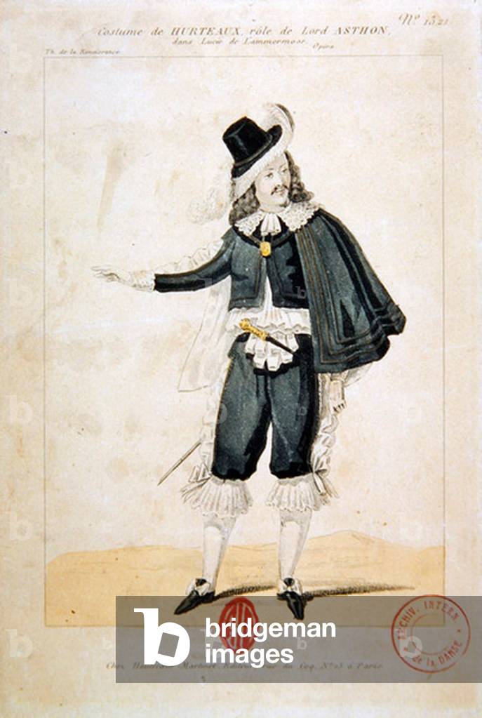 Hurteaux in the role of Lord Enrico Ashton, in the opera 'Lucie de Lammermoor', by Gaetano Donizetti (1797-1848) (colour engraving)