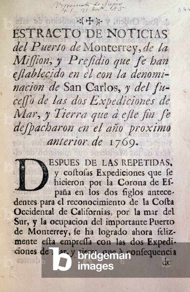La prima pagina del resoconto ufficiale della spedizione di Portola del 1769-70 (carta stampata)