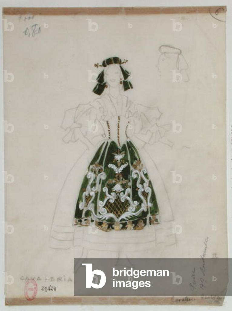 Image of Drawing depicting Costume design for opera "Cavalleria Rusticana" by Pietro Mascagni (1863-1945) (pen