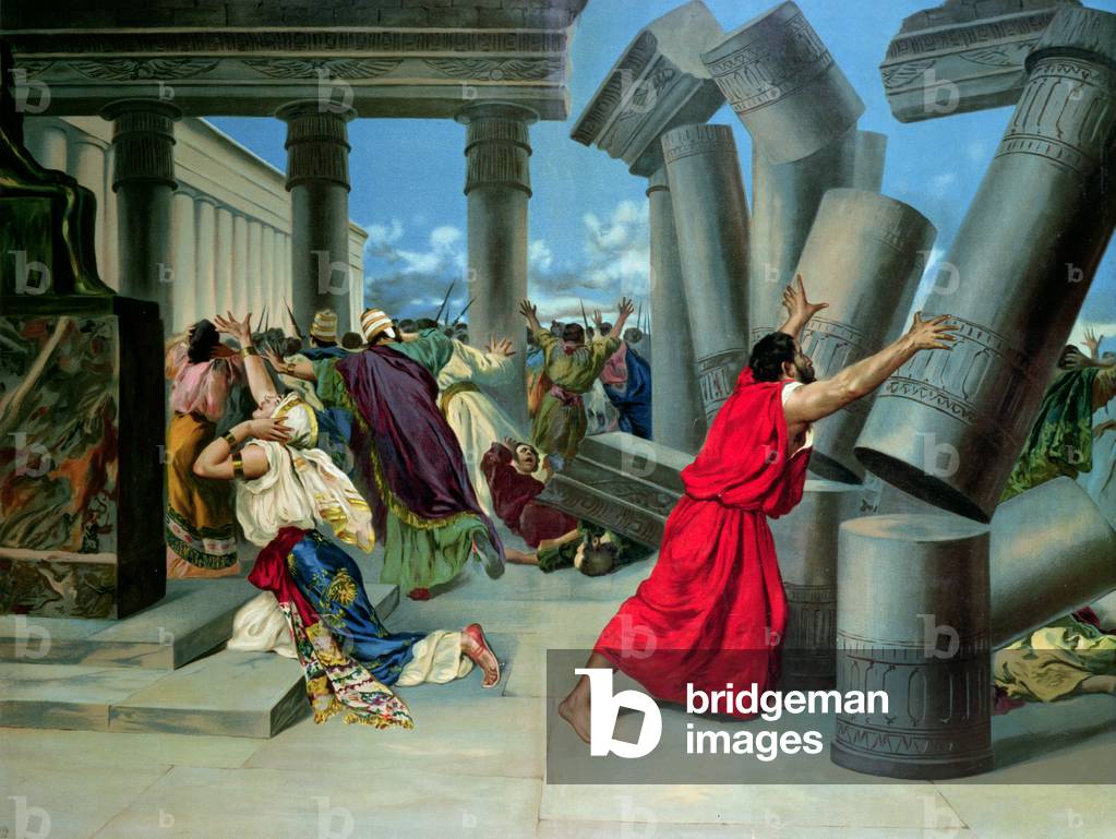Samson and Delilah and the destruction of the Temple (colour litho)