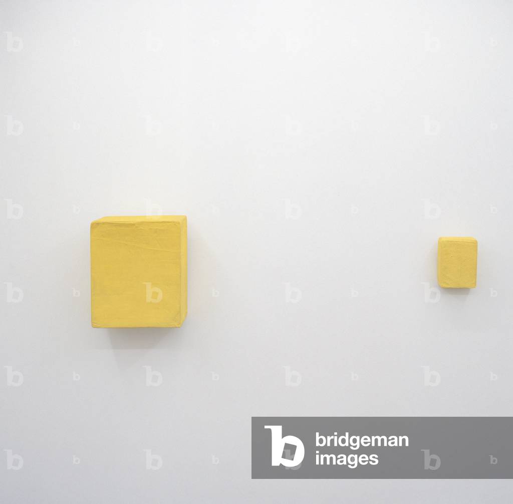 Due scatole gialle, 1962-63 (cartone, cartone, carta, vernice e pasta)