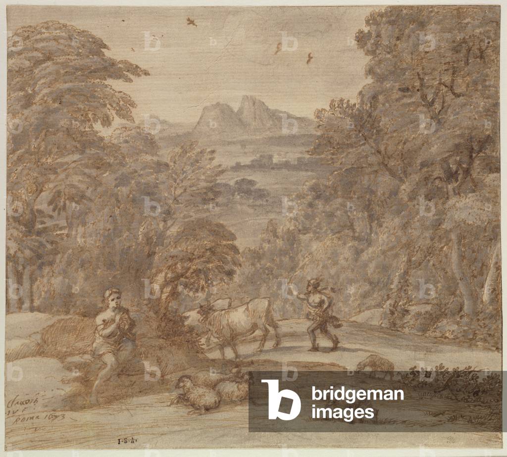 Paesaggio con Mercurio e Apollo come un Pastore, 1673 (penna e marrone tinta con grigio indiano inchiostro lav