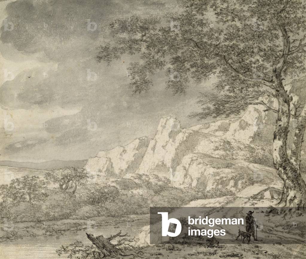 Mountainous Landscape with a Hiker (chalk and indian ink on paper)