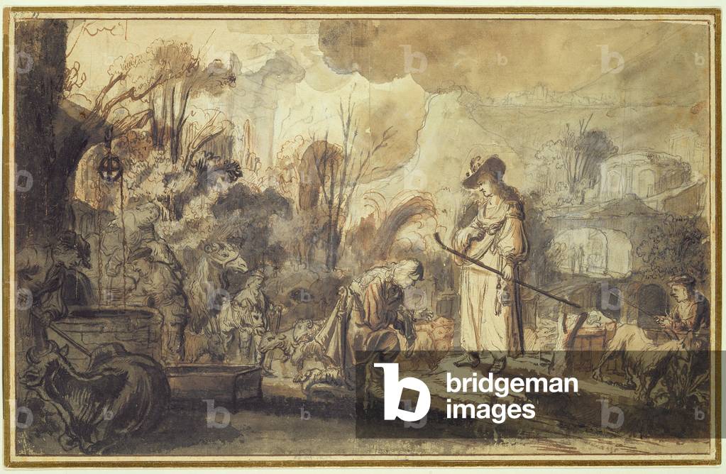 Eliezer and Rebecca at the Well (pen and ink wash over pencil and red chalk on paper)