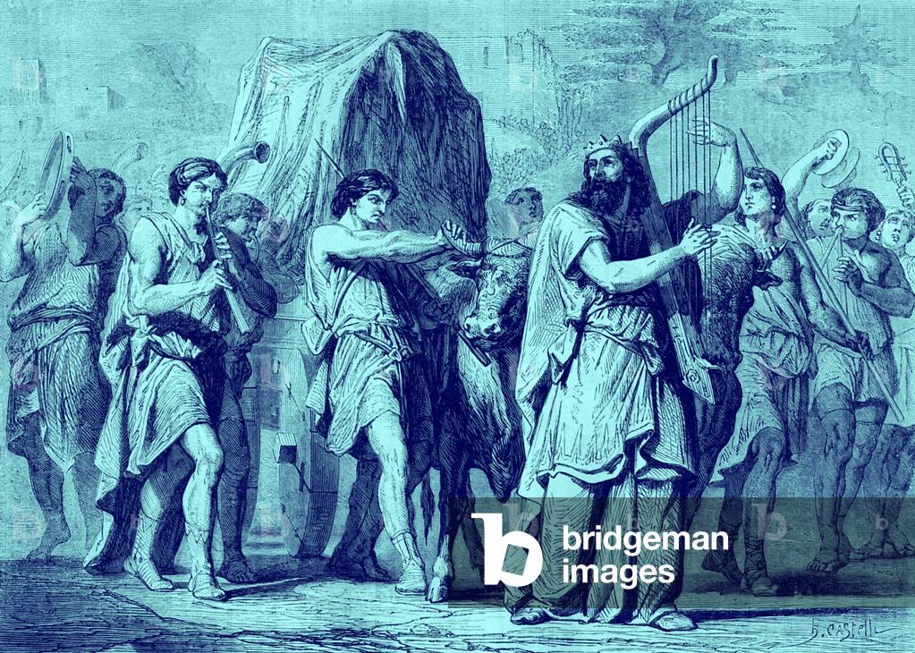 The Bible-David playing the harp while bringing the Ark of the Covenant from Kirjath-Jearim with other musicians, 19th century (print)