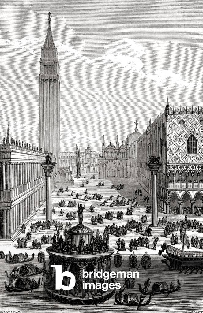 Venice - St. Mark's Place with cathedral and gondolas, 16th century (engraving)