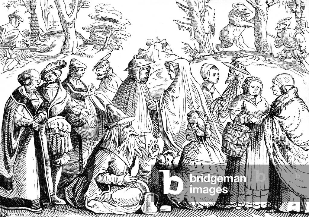 Gypsies - male and female gypsies fortune telling, 1552 (engraving)