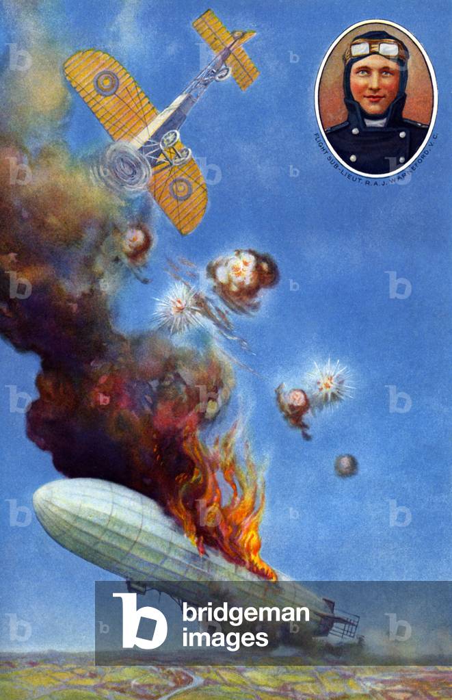 Air battle between British plane and German Zepplin.