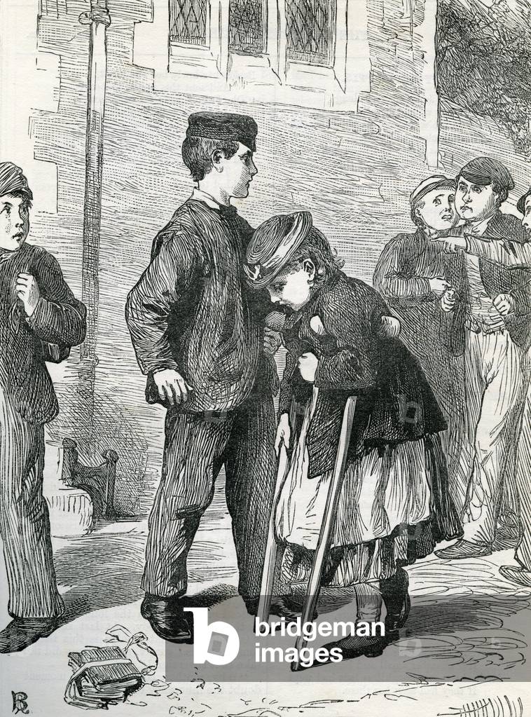 Crippled young girl in Victorian dress, 19th century (engraving)