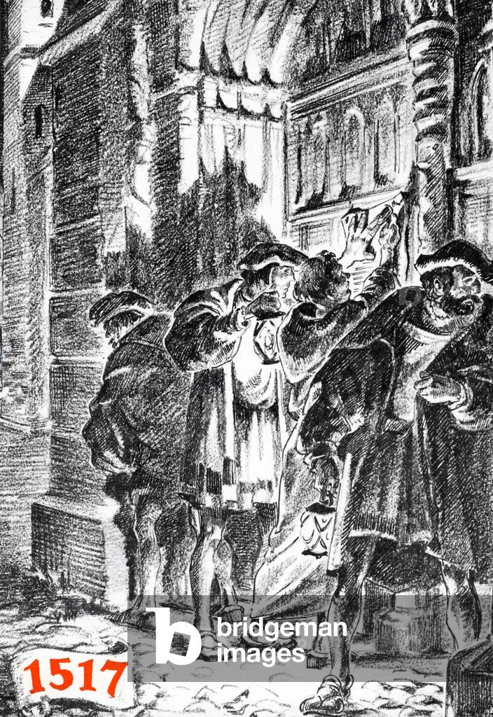 Martin Luther nailing his Theses to church door