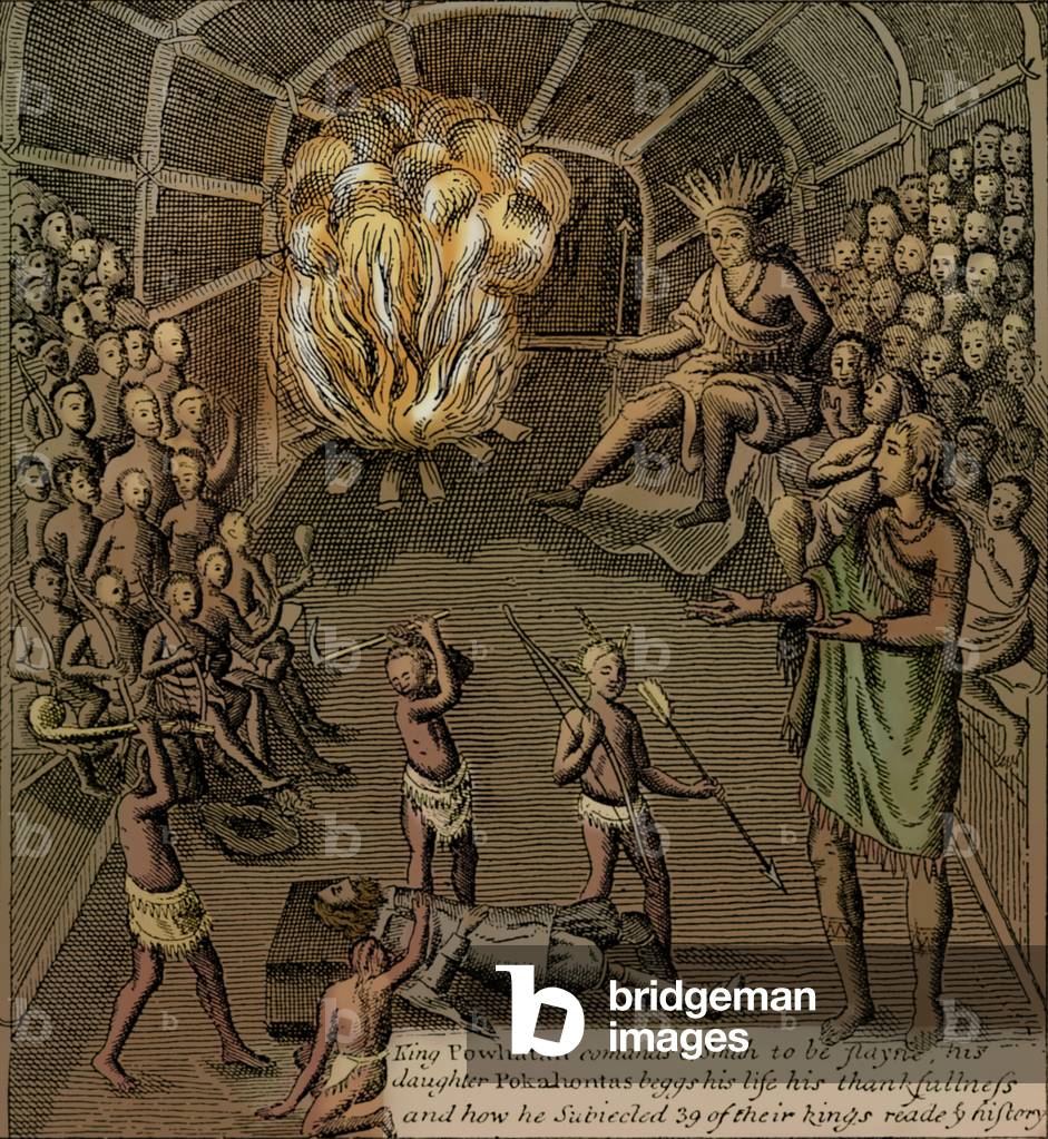 Pocahontas asks her father, Powhatan, to spare the life of John Smith, 1607 (engraving)