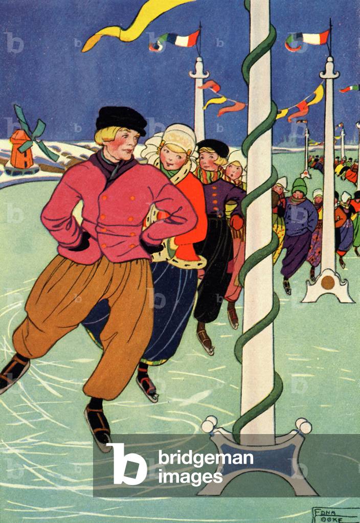 Dutch children skating in a long line