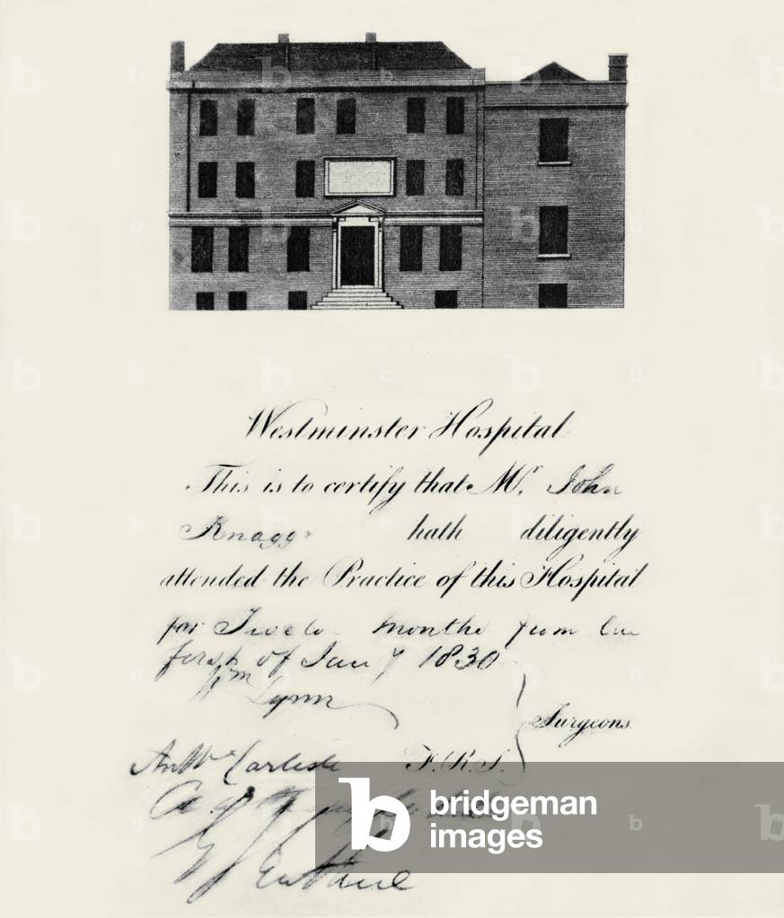 Westminster Hospital medical student 's certificate, 1830 (print)