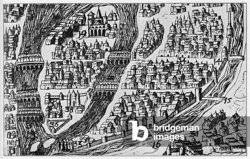 Map of Paris in 16th century (engraving)
